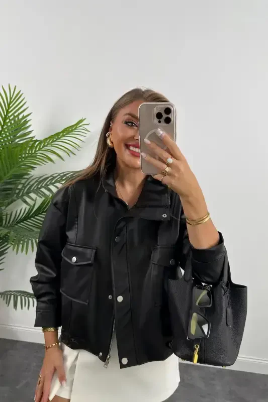 Кожаная куртка с двумя карманами и боковыми молниями - 2