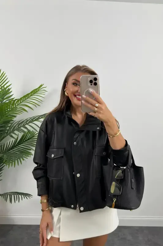 Кожаная куртка с двумя карманами и боковыми молниями - 5