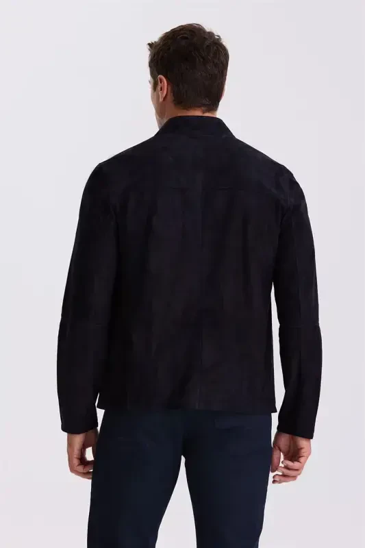 Кожаная куртка темно-синяя Comfort Fit со стойкой-воротником и двусторонним ношением из 100% кожи - 5