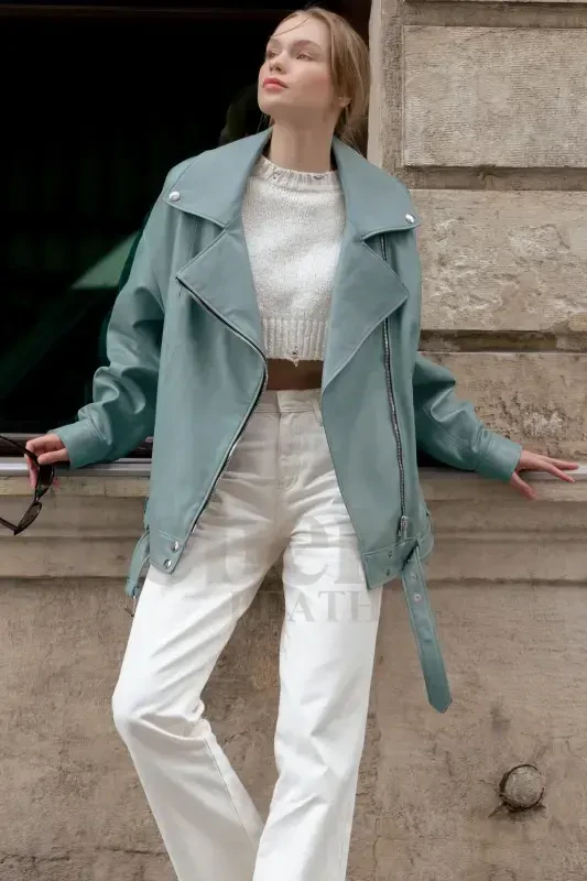 Кожаная куртка женская - Oversize Vintage Long Biker Натуральная кожа ягненка пальто куртка - Зеленая кожаная куртка - LEBENI