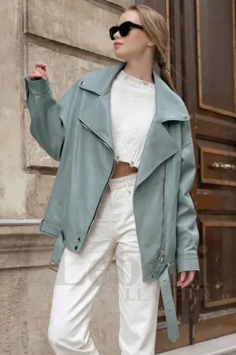 Кожаная куртка женская - Oversize Vintage Long Biker Натуральная кожа ягненка пальто куртка - Зеленая кожаная куртка - 3