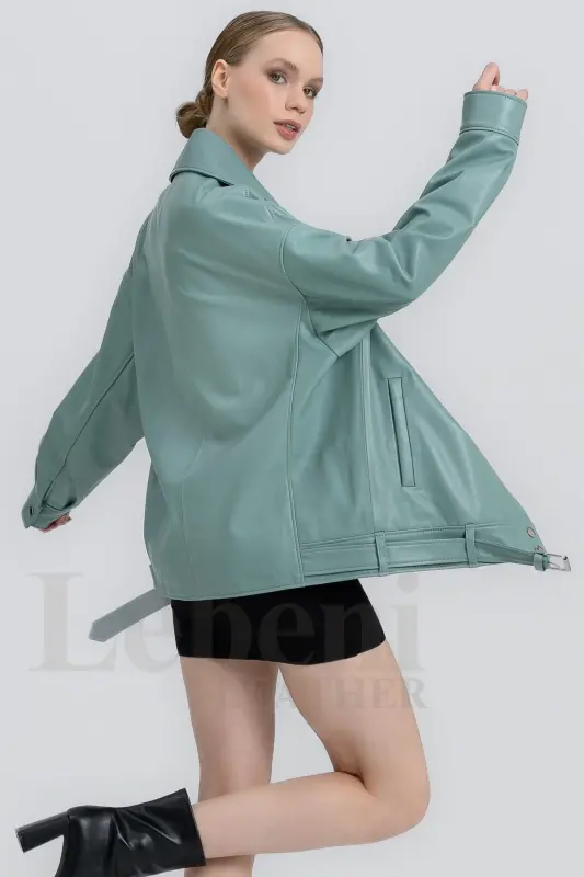 Кожаная куртка женская - Oversize Vintage Long Biker Натуральная кожа ягненка пальто куртка - Зеленая кожаная куртка - 4