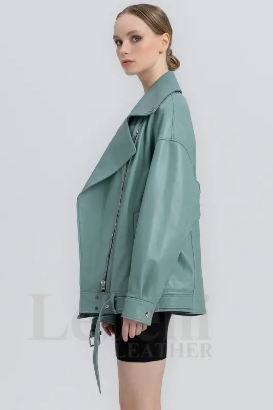 Кожаная куртка женская - Oversize Vintage Long Biker Натуральная кожа ягненка пальто куртка - Зеленая кожаная куртка - 5