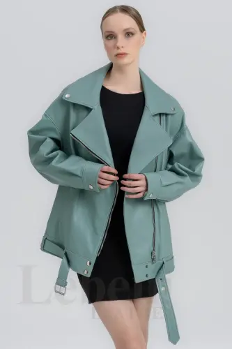 Кожаная куртка женская - Oversize Vintage Long Biker Натуральная кожа ягненка пальто куртка - Зеленая кожаная куртка - 7