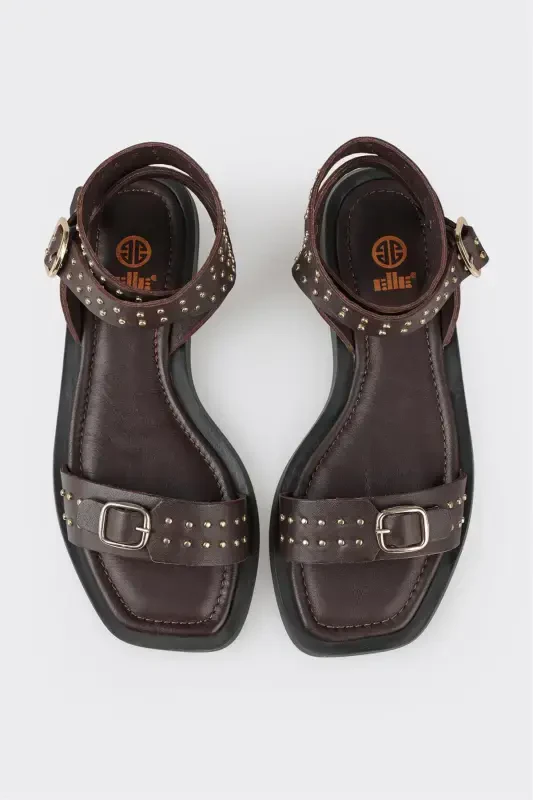 Кожаные женские сандалии на плоской подошве - Кофе - 4