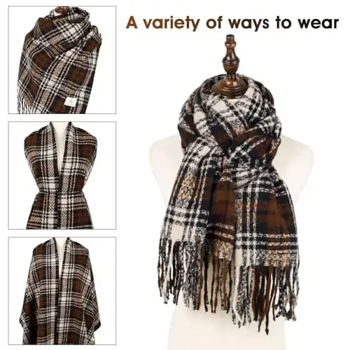 kozinou Women's Winter Scarf Large Warm Shawl Classic Tassel Plaid Oversized Scarves Thick Wraps - 4