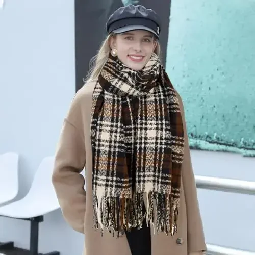 Women's Winter Scarf Large Warm Shawl Classic Tassel Plaid Oversized Scarves Thick Wraps - 5