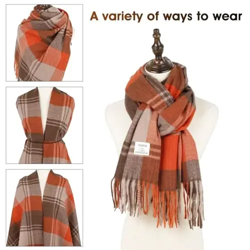 Women's Winter Scarf Large Warm Shawl Classic Tassel Plaid Oversized Scarves Thick Wraps - 4