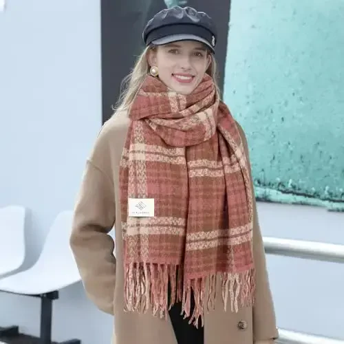kozinu Women's Winter Scarf Large Warm Shawl Classic Tassel Plaid Oversized Scarves Thick Wraps - 6