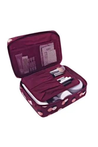 Kozmetik Makyaj Çantası Su Geçirmez Özellikli (17*23*8 CM EBATLARINDA)-Bordo Çiçeklii 