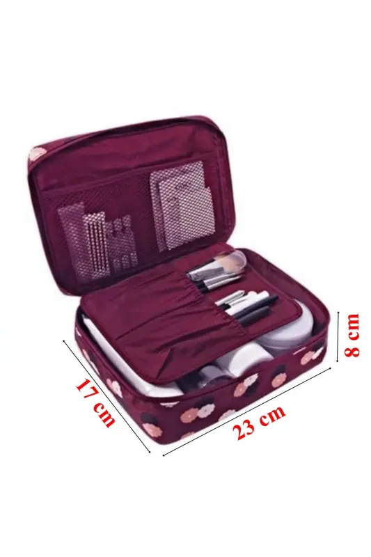 Kozmetik Makyaj Çantası Su Geçirmez Özellikli (17*23*8 CM EBATLARINDA) - Bordo Çiçeklii - 2
