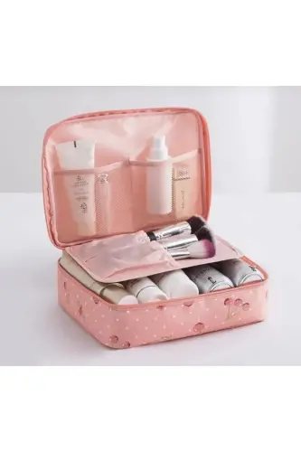 Su Geçirmez Özellikli Organizer Kozmetik Makyaj Çantası Pembe Kirazlı (17*23*8 CM EBATLARINDA) - Pembe Kiraz Desenli 