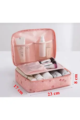 Su Geçirmez Özellikli Organizer Kozmetik Makyaj Çantası Pembe Kirazlı (17*23*8 CM EBATLARINDA) - Pembe Kiraz Desenli - ECOFORM (1)