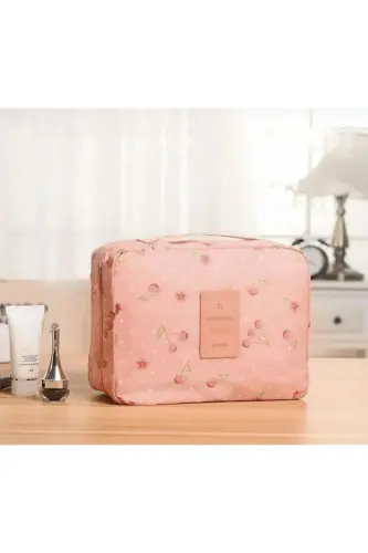 Kozmetik Makyaj Çantası Su Geçirmez Özellikli (17*23*8 CM EBATLARINDA)-Pembe Kiraz Desenli - 3