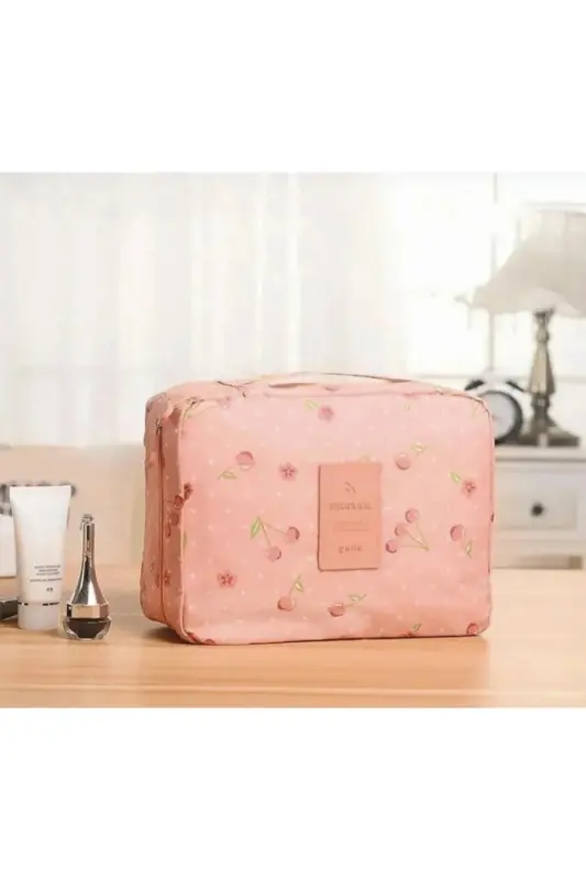 Kozmetik Makyaj Çantası Su Geçirmez Özellikli (17*23*8 CM EBATLARINDA)-Pembe Kiraz Desenli - 3