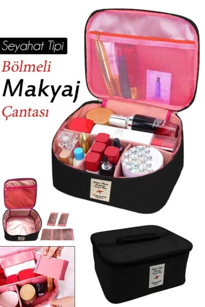 Kozmetik Makyaj Çantası Tutma Kollu Seyahat Seti Makyaj Aksesuarları Düzenleyici 24x21x11 Cm-Siyah - 4