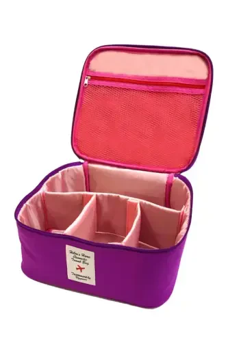 Kozmetik Makyaj Çantası Tutma Kollu Seyahat Seti Makyaj Aksesuarları Düzenleyici 24x21x11 Cm-Mor - 1