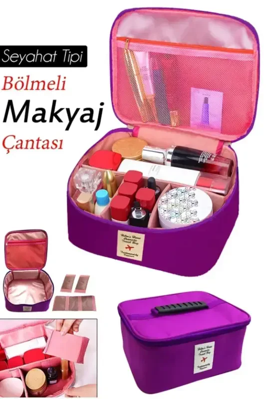 Kozmetik Makyaj Çantası Tutma Kollu Seyahat Seti Makyaj Aksesuarları Düzenleyici 24x21x11 Cm-Mor - 2