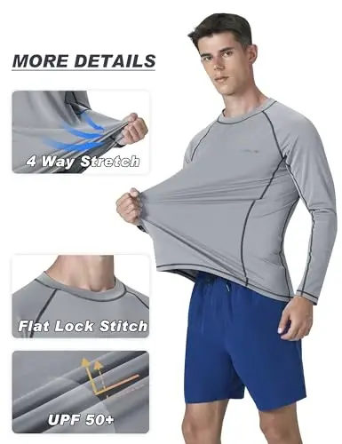KPSUN Men UPF 50+ UV Swim Sun Shirt Quick Dry Long Sleeve Rash Guard | Stretchy Moisture-Wicking Quick Dry Fabric, Chlorine and Salt Water Resistant, Crew Neck, Solid Styles with Card Pocket - 5