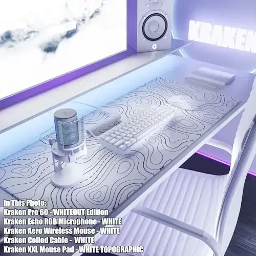 Kraken Keyboards XXL Topographic Mouse Pad - Large White Gaming Mousepad - Desk Mat for Keyboard and Mouse - Thick Artisan Mouse Pad for Desk (White Topographic) - 3