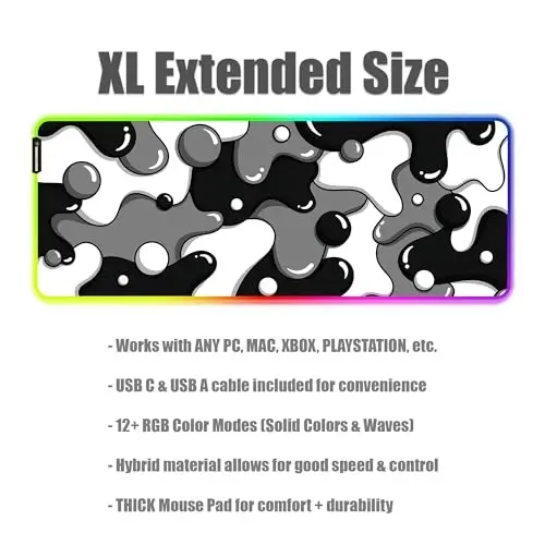 KRAKEN KEYBOARDS DRIP XL Black & White Gaming RGB Mouse Pad - Professional Artisan Mouse Pad - Black & White Gaming RGB Desk Mat - 31