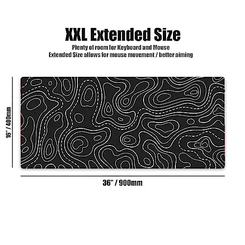 Kraken Keyboards XXL Topographic Mouse Pad - Large Black and White Gaming Mousepad - Desk Mat for Keyboard and Mouse - Thick Artisan Mouse Pad for Desk (Black Topographic) - 2