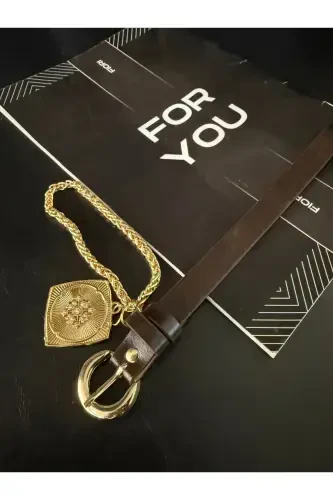 Kral zanjirli madalyon detalli ayollar shim kamari, kurtka kamari, ko'ylak kamari, ko'ylak kamari-Qahva - FIORI (1)