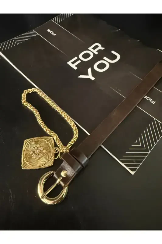 Kral zanjirli madalyon detalli ayollar shim kamari, kurtka kamari, ko'ylak kamari, ko'ylak kamari-Qahva - 2