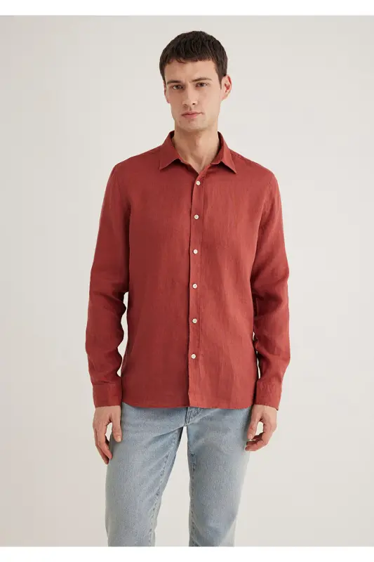 Красная Льняная Рубашка Slim Fit / Узкий Крой 0211466- - 3