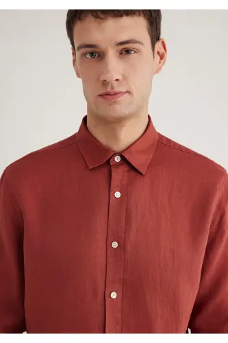 Красная Льняная Рубашка Slim Fit / Узкий Крой 0211466- - 5