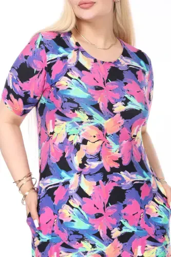 Красное платье с узором, оборками и карманами размера плюс-синий - 8