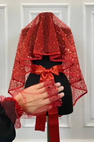 Красный Аутентичный Vip Свадебный Комплект Фаты, Полный Блестящих Блесток и Жемчуга Комплект Фаты для Хны 6 Частей-Красный - 3