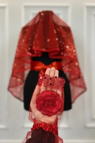 Красный Аутентичный Vip Свадебный Комплект Фаты, Полный Блестящих Блесток и Жемчуга Комплект Фаты для Хны 6 Частей-Красный - 4