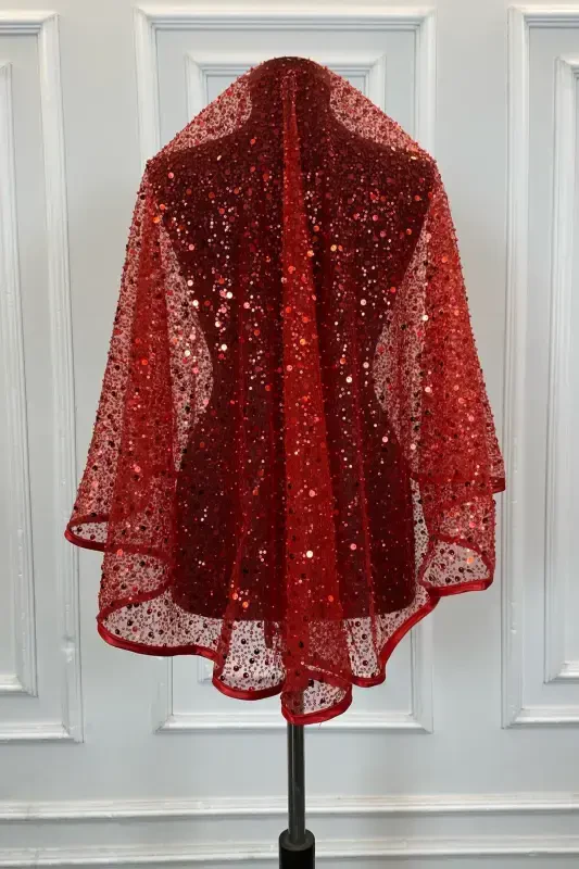 Красный Аутентичный Vip Свадебный Комплект Фаты, Полный Блестящих Блесток и Жемчуга Комплект Фаты для Хны 6 Частей-Красный - 5