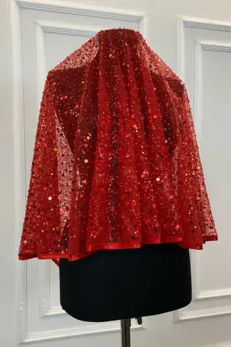 Красный Аутентичный Vip Свадебный Комплект Фаты, Полный Блестящих Блесток и Жемчуга Комплект Фаты для Хны 6 Частей-Красный - 6