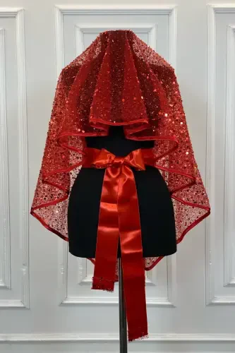 Красный Аутентичный Vip Свадебный Комплект Фаты, Полный Блестящих Блесток и Жемчуга Комплект Фаты для Хны 6 Частей-Красный - 8