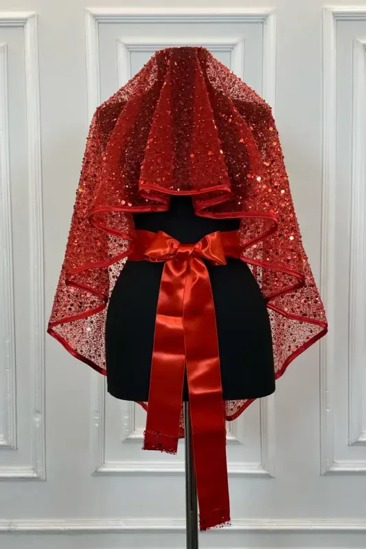 Красный Аутентичный Vip Свадебный Комплект Фаты, Полный Блестящих Блесток и Жемчуга Комплект Фаты для Хны 6 Частей-Красный - 8