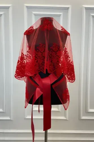 Красный Комплект С Двойным Узором С Флоковым Принтом, Блестящей Фатой, Поясом, Перчатками Для Невесты - красный - 1