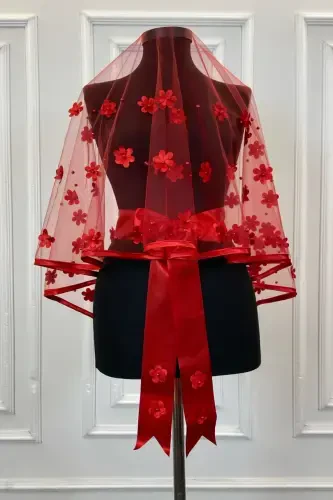 Красный комплект свадебной фаты с бисером, с лазерной резкой в виде цветов и жемчугом, фата для хны, красная накидка на лицо, 6 шт. - 3DBİYELİKIRMIZI - 4