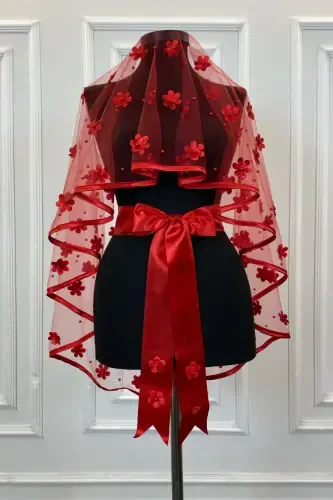 Красный комплект свадебной фаты с бисером, с лазерной резкой в виде цветов и жемчугом, фата для хны, красная накидка на лицо, 6 шт. - 3DBİYELİKIRMIZI - 6