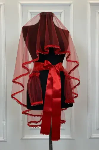 Красный Пояс с бусинами на конце, Фата невесты, Пояс, Цветок на руку, Перчатки, Набор для Хны, Покрывало для лица, 6 шт - КРАСНЫЙ С БАХРОМОЙ - 1