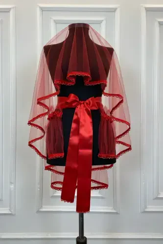 Красный Пояс с бусинами на конце, Фата невесты, Пояс, Цветок на руку, Перчатки, Набор для Хны, Покрывало для лица, 6 шт - КРАСНЫЙ С БАХРОМОЙ - 2