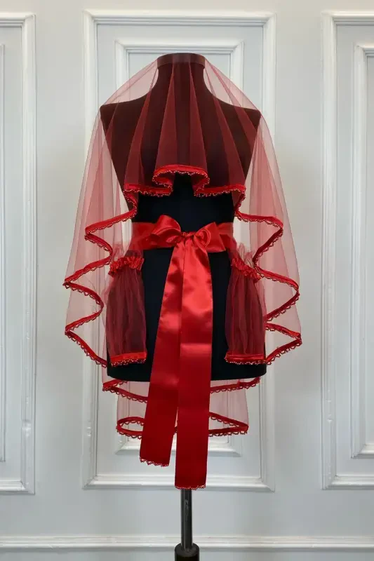 Красный Пояс с бусинами на конце, Фата невесты, Пояс, Цветок на руку, Перчатки, Набор для Хны, Покрывало для лица, 6 шт - КРАСНЫЙ С БАХРОМОЙ - 2