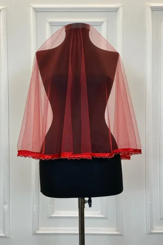 Красный Пояс с бусинами на конце, Фата невесты, Пояс, Цветок на руку, Перчатки, Набор для Хны, Покрывало для лица, 6 шт - КРАСНЫЙ С БАХРОМОЙ - 5