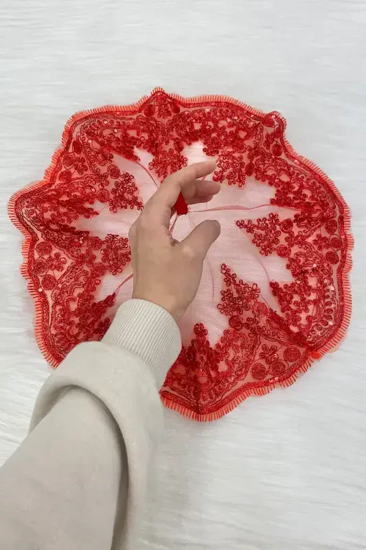 Красный Свадебный Жених Невеста Танец Платок, Блестящий Гипюр, Свадьба Хна Ночь Подружка Невесты Помолвка Невеста-MENDILTELKRMKIRMIZI - 3