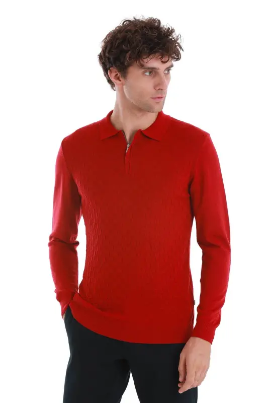 Красный трикотаж из шерсти с жаккардовым воротником-поло Regular Fit - 3