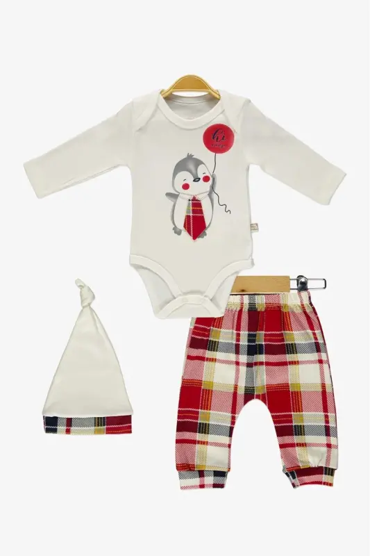 Kravatlı Penguen Badi , Pantolon , Şapka Penye Takım MNK0587 KIRMIZI - KIRMIZI - 4