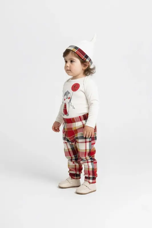 Kravatlı Penguen Badi , Pantolon , Şapka Penye Takım MNK0587 KIRMIZI - KIRMIZI - 5