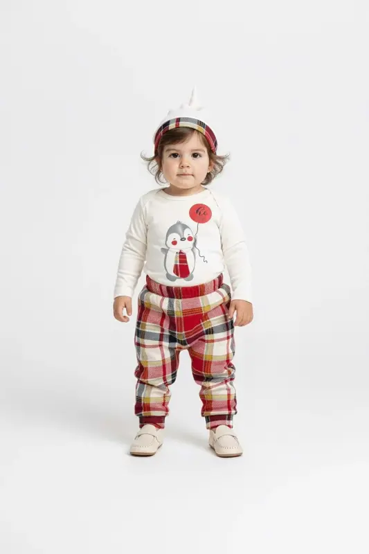 Kravatlı Penguen Badi , Pantolon , Şapka Penye Takım MNK0587 KIRMIZI - KIRMIZI - 6