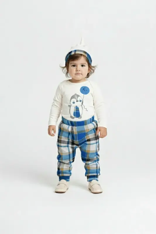 Kravatlı Penguen Badi , Pantolon , Şapka Penye Takım MNK0587 MAVİ - MAVİ - 5
